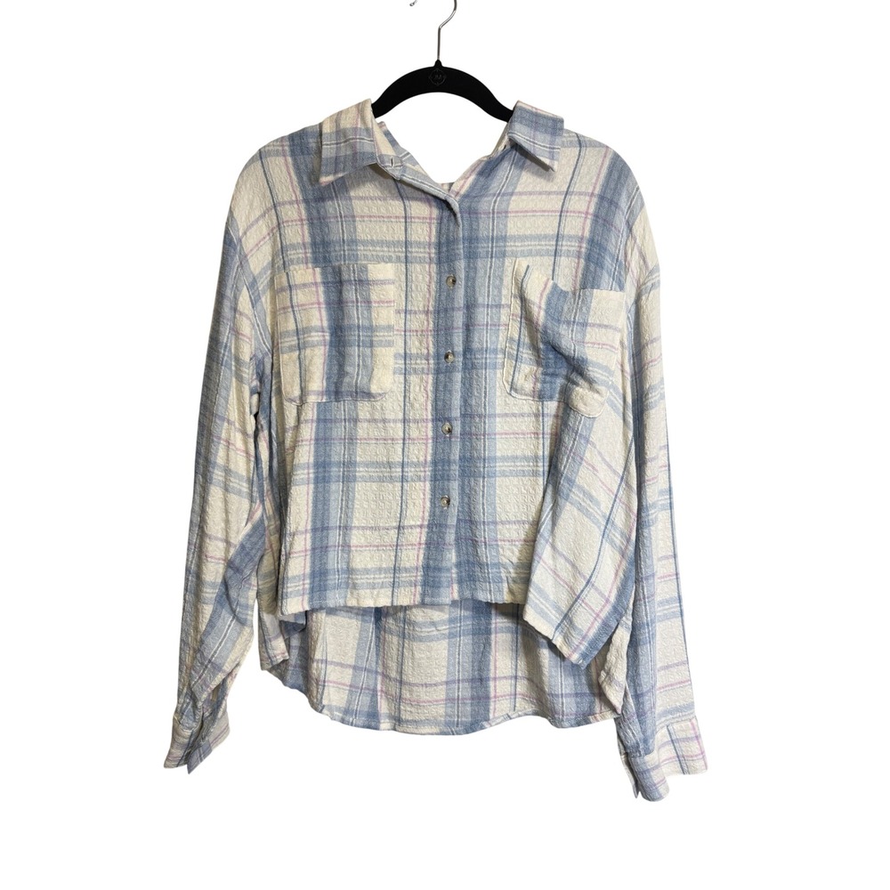 Lucky Brand Women's Blue Pink and White Flannel Button Down Shirt Size M
